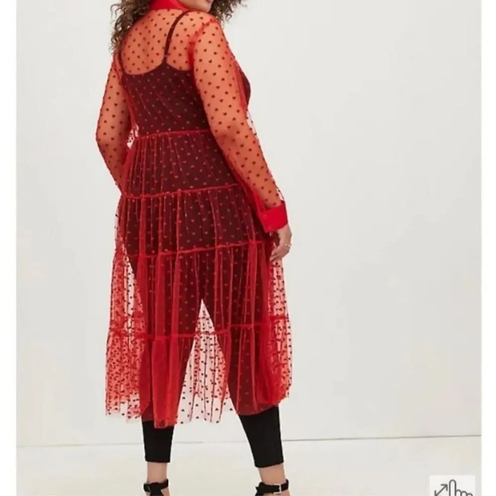Torrid Heart Design Red Sheer Mesh Long Sleeve Button Kimono Romantic Modern NWT - Picture 2 of 16
